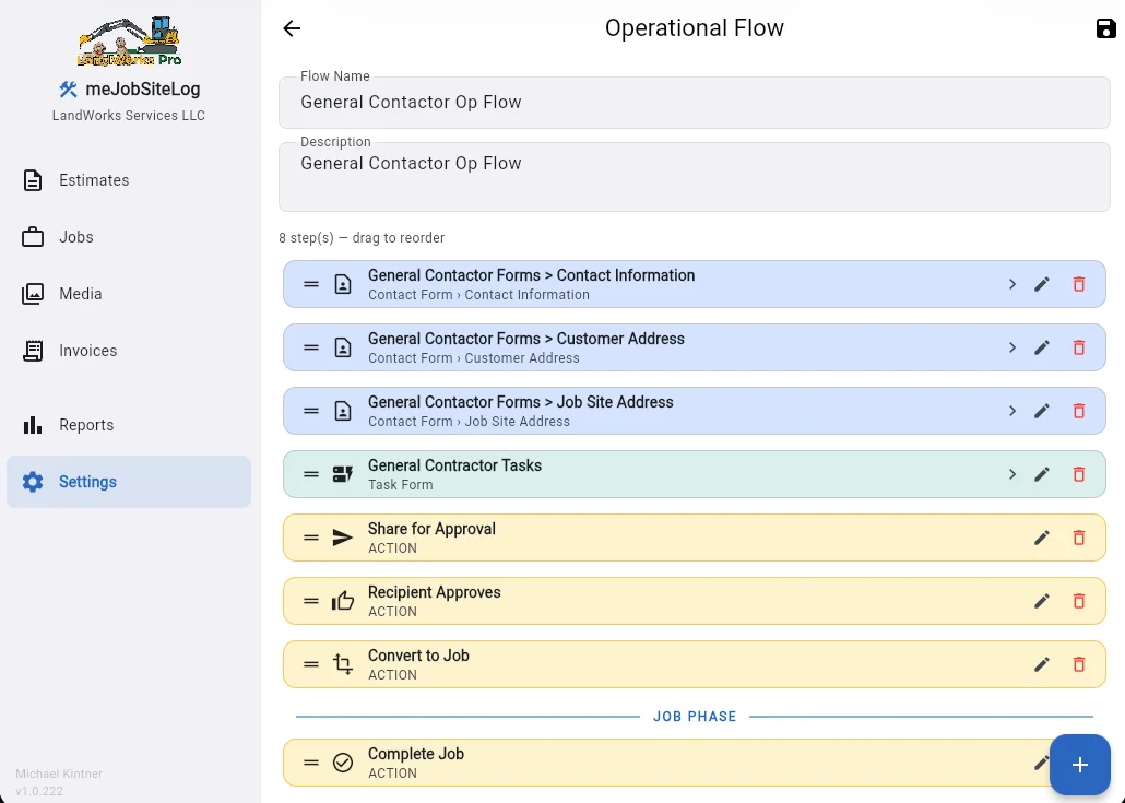 meJobSiteLog workflow from contact information through approval and job completion
