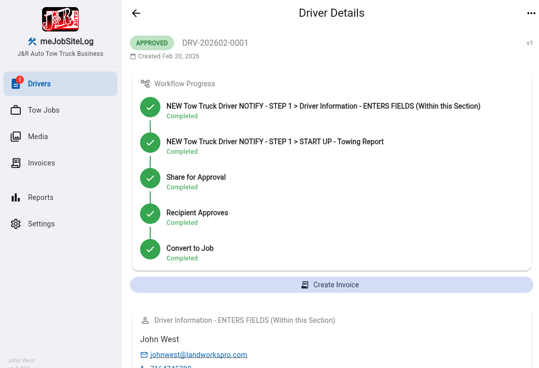 Driver Details — Workflow progress, approval status, and driver contact info for tow truck operations.