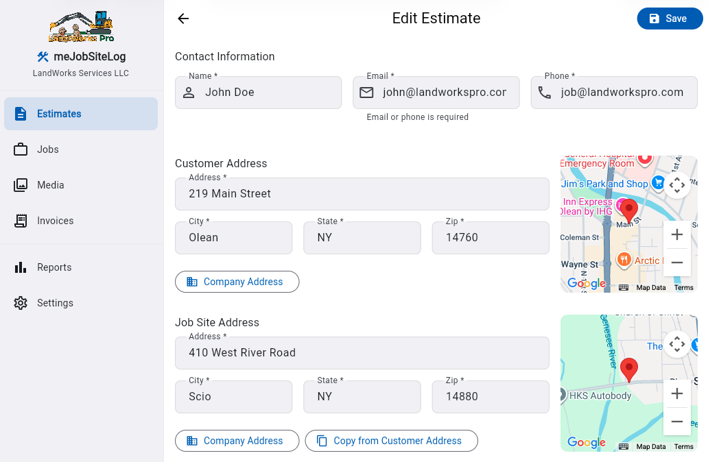 Edit Estimate — Contact info, customer and job site addresses with integrated Google Maps.