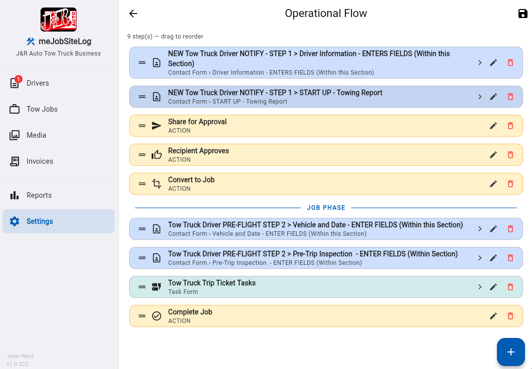 Tow Truck Flow — Custom operational flow with driver onboarding, pre-flight checks, and job completion.