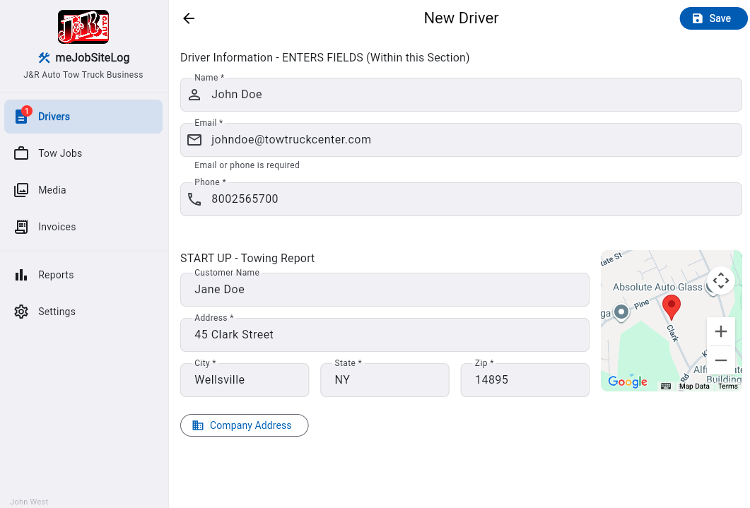 New Driver Form — Driver info and towing report with address fields and map integration.