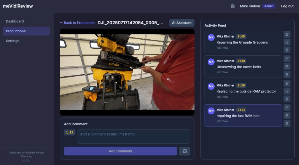 Field documentation — Time-stamped comments track each step of an equipment repair, creating a detailed visual log reviewers can follow frame by frame.
