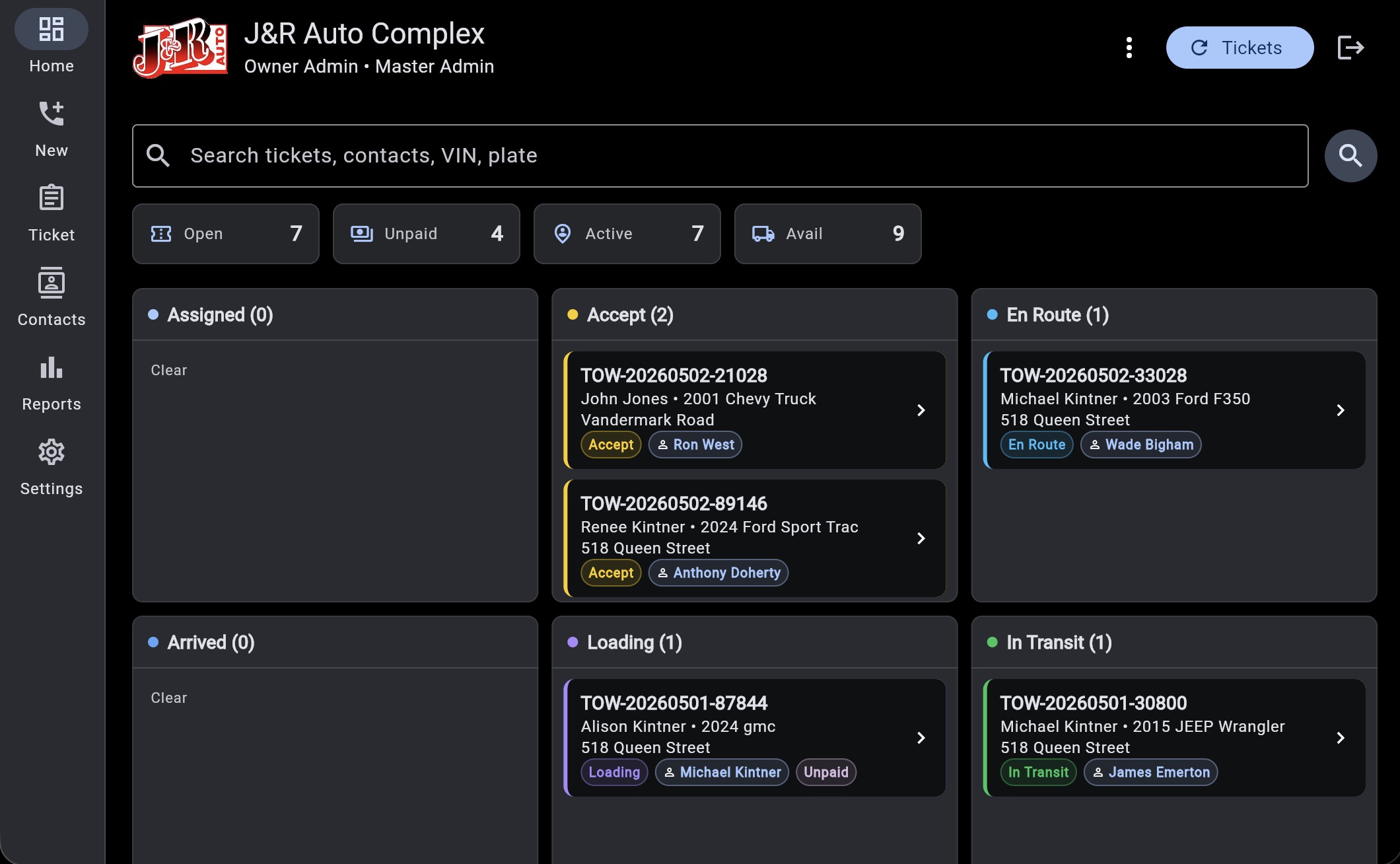 Dispatch dashboard - Status columns, counters, search, and compact ticket cards help staff monitor open, unpaid, active, and available work across the tow center.
