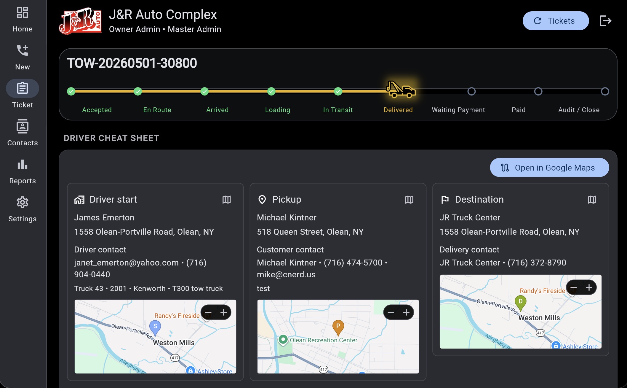 Driver cheat sheet - A ticket timeline shows progress from accepted through delivery, while cards summarize driver start, pickup, destination, contact details, truck assignment, and map previews.