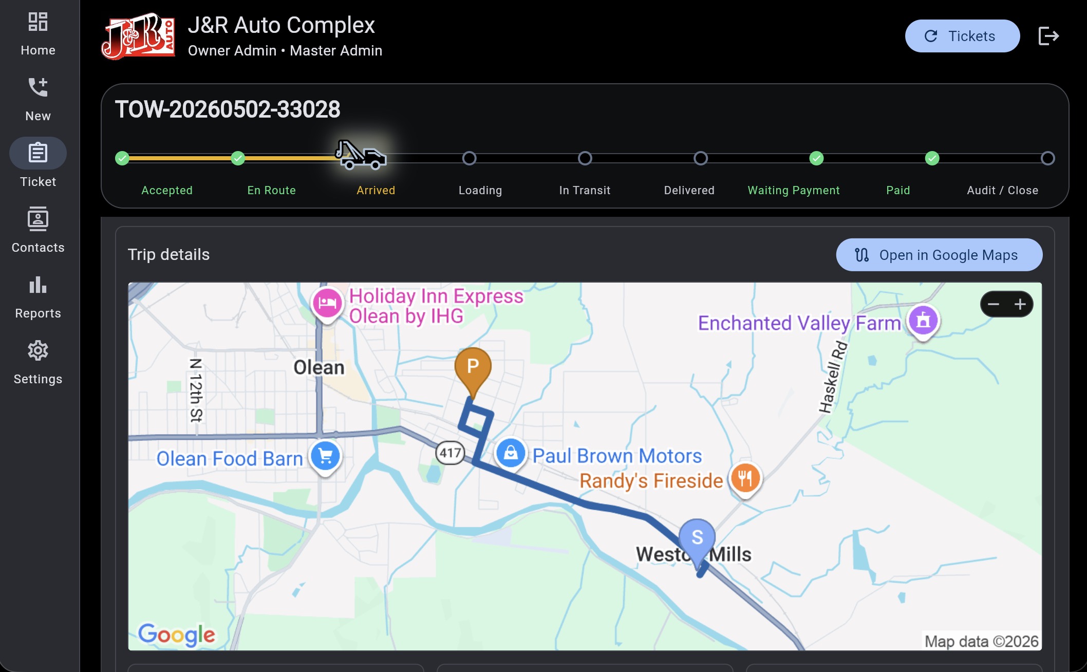 Trip route - Google Maps integration displays the route between pickup and destination with start, pickup, and delivery markers plus an option to open the route in Google Maps.